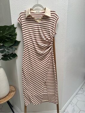 Grace Karin Cream and Burgundy Striped Polo Midi Dress